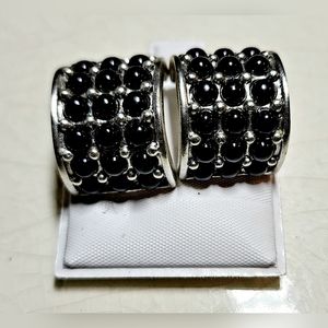 1980s silver tone wide black studded half hoop clip on earrings